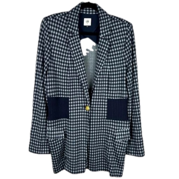 Cabi Checkup Gingham Longline Gold Button Blazer Jacket Medium Navy - Picture 2 of 14